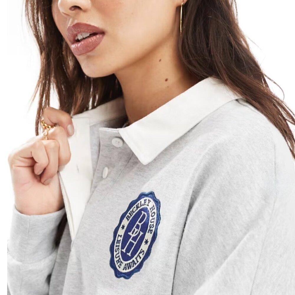 Rugby Polo Top Shirt Sweatshirt Oversized Gray White Academia Preppy - Picture 3 of 11